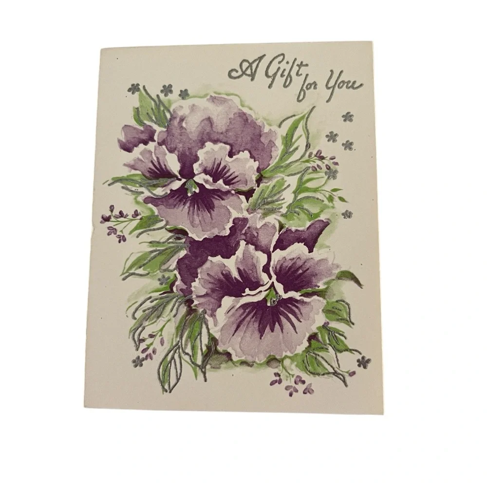 Vintage Unused Greeting Card A Gift For You Green Purple Pansy Flowers Blank